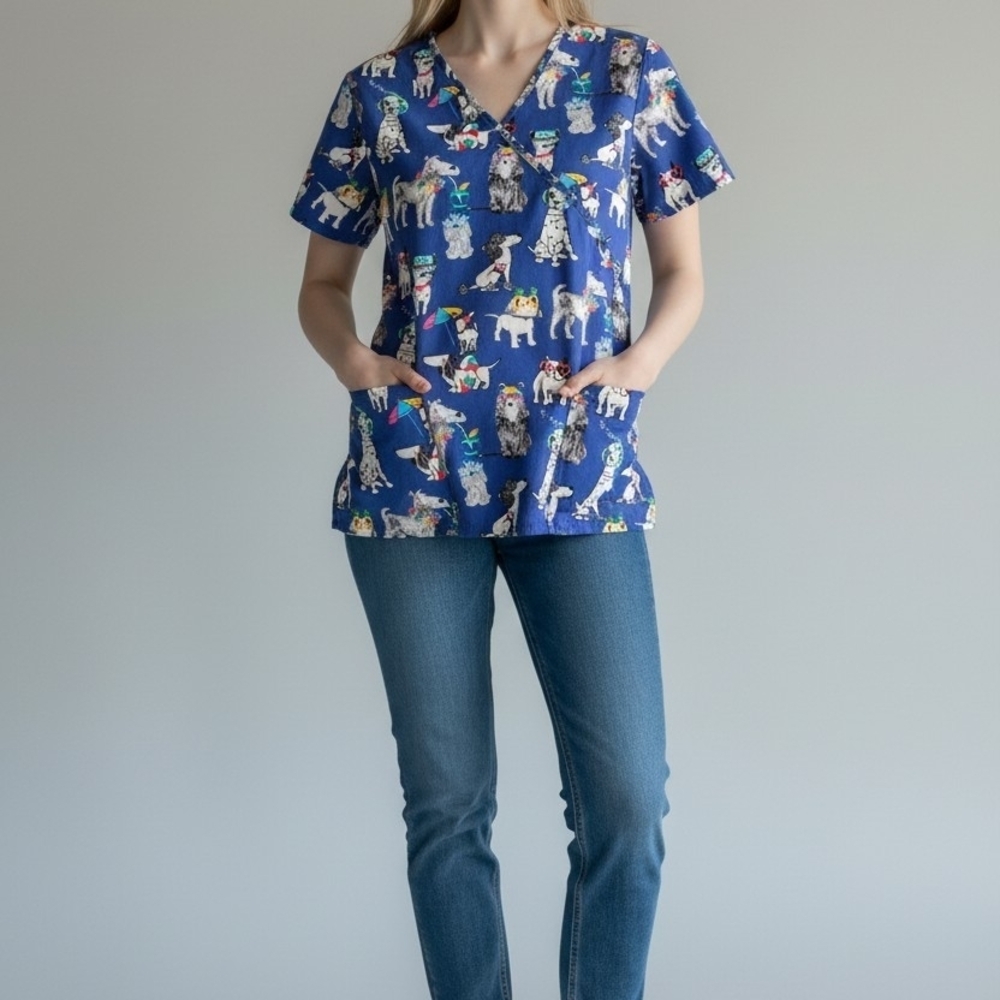 Blue V-Neck Dog Print Scrub Tunic - Unbranded
